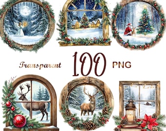 100 PNG Watercolor Vintage Christmas Windows | Clipart Cozy Holiday Window Scenes | Xmas Decor Elements | Digital Download | Commercial Use