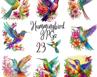 May include: A set of 23 digital images featuring colorful hummingbirds with vibrant floral backgrounds. The hummingbirds are depicted in various poses and colors, with intricate details and realistic textures.