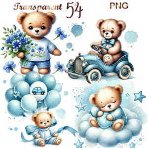 Puede incluir: Cuatro ilustraciones de osos de peluche en diferentes escenas. La primera muestra un oso de peluche sosteniendo un ramo de flores azules. La segunda muestra un oso de peluche conduciendo un coche azul. La tercera muestra un oso de peluche sosteniendo un globo azul. La cuarta muestra un oso de peluche durmiendo en una nube.