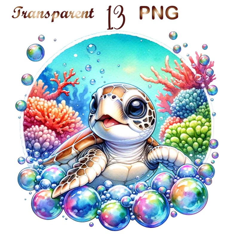 May include: A cartoon illustration of a smiling sea turtle surrounded by colorful bubbles and coral. The turtle has brown and green shell and large, black eyes.