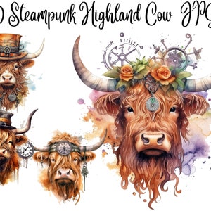 10 Highland Cow Steampunk Clipart - High Quality JPGs - Digital Paper Crafting, Digital Planner, Watercolor,Highland cow clipart