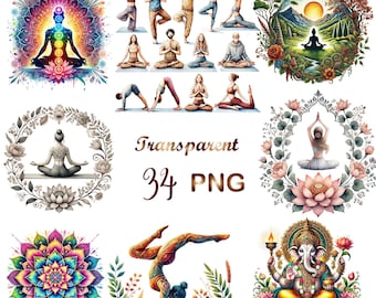 May include: A set of 34 watercolor illustrations featuring yoga poses, mandalas, and spiritual figures. The illustrations are in a variety of colors, including pink, blue, green, and yellow. The illustrations are perfect for use in yoga studios, meditation rooms, or as part of a spiritual art collection.