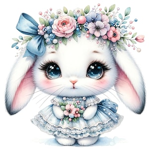 May include: A white bunny with pink ears and blue eyes wearing a blue dress with white lace and a flower crown. The bunny is holding a bouquet of pink flowers.