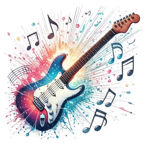 Op de afbeelding: Een kleurrijk abstract schilderij van een elektrische gitaar met muzieknoten. De gitaar is geschilderd in tinten blauw, rood en wit, met spatten van kleur eromheen. De muzieknoten zijn zwart en wit.