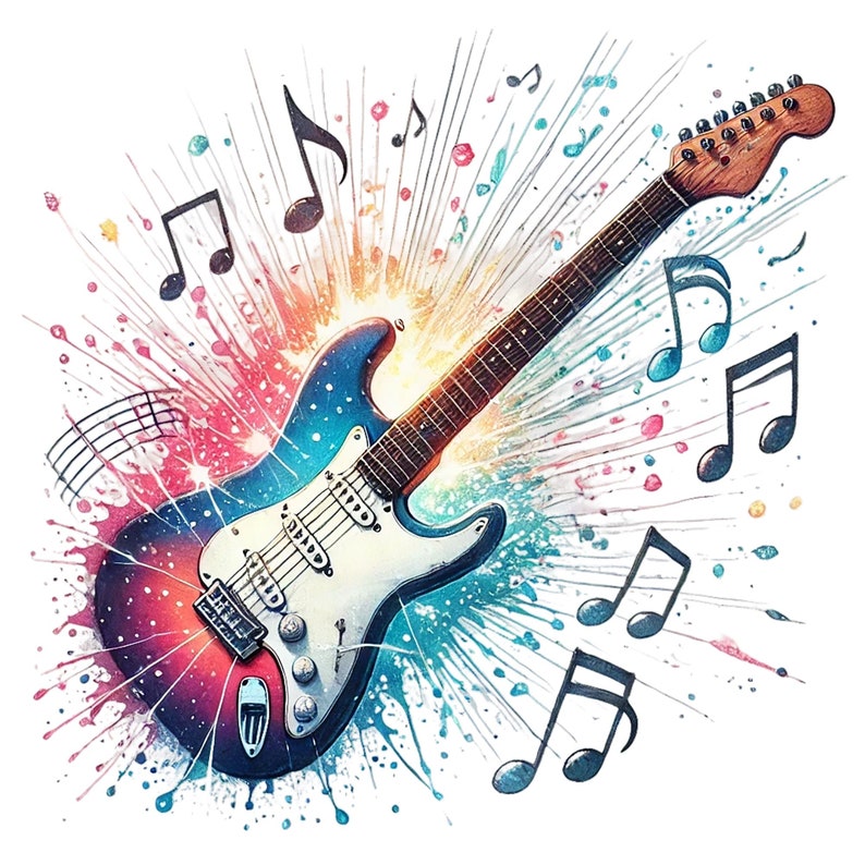 Op de afbeelding: Een kleurrijk abstract schilderij van een elektrische gitaar met muzieknoten. De gitaar is geschilderd in tinten blauw, rood en wit, met spatten van kleur eromheen. De muzieknoten zijn zwart en wit.