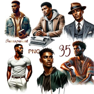 35 PNG Rooted & Radiant: Black Male Clipart Bundle | Afrocentric Watercolor Men | Stylish, Realistic, Empowering | Digital Download