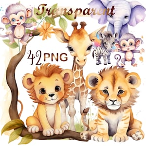 42 Watercolor Safari Baby Animals Clipart,Baby Shower Jungle,African Animal,Baby Elephant Leopard Zebra Giraffe Lion,Safari PNG, Nursery Art