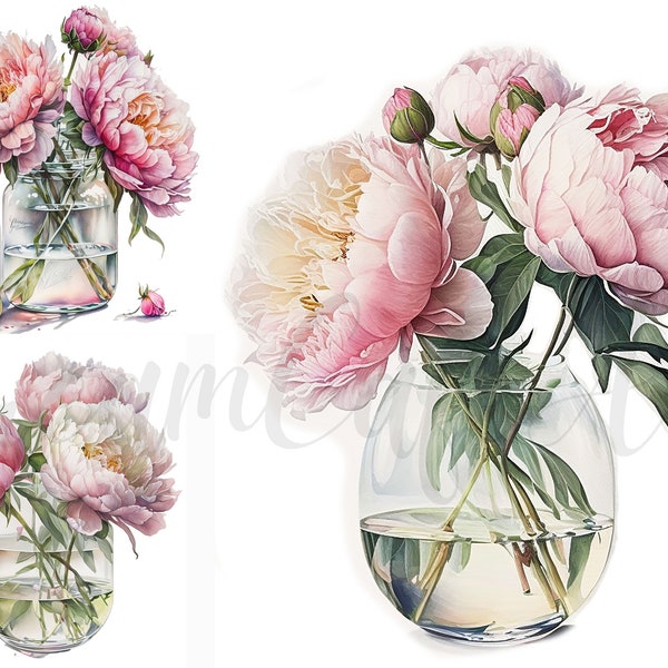 10 Peony in Glass Vase Clipart JPGs,Digital Download, Digital planner, Mixed Media, Digital Paper Craft, Watercolor clipart, Peony png
