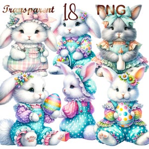 May include: Set of 6 digital clipart images of cute bunnies dressed in Easter outfits. The bunnies are wearing dresses, overalls, and bonnets. They are holding Easter eggs and baskets. The images are in PNG format and have transparent backgrounds.