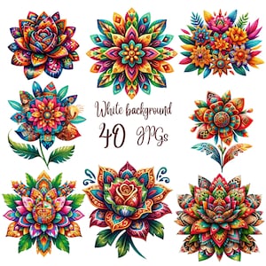 40 JPG, Mexican Flowers Clipart  bundle, Aztec Mexican Flowers clipart bundle, Mexican Florals clipart bundle, Commercial use