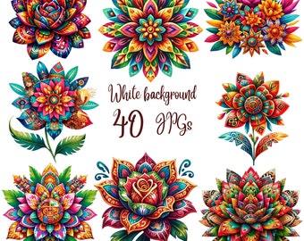 40 JPG, Mexican Flowers Clipart  bundle, Aztec Mexican Flowers clipart bundle, Mexican Florals clipart bundle, Commercial use
