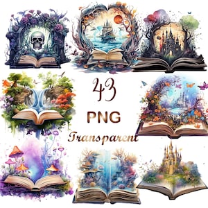 43 PNG, Fantasy Books Watercolor Clipart, Open Book Clip Art,Book Bundle PNG,Vintage books stacklibrary clip art,Old books,Magic Books
