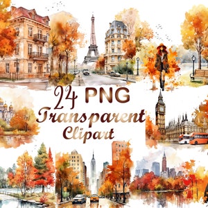 24 Watercolor Autumn in the city png,  Autumn in the city png, Autumn Sublimation, Commercial use,Digital Download,Watercolor Clipart