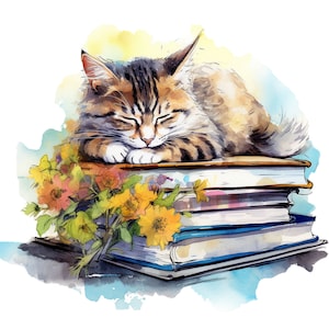 Pode incluir: Uma pintura em aquarela de um gato tigrado dormindo em cima de uma pilha de livros. O gato é marrom, preto e branco com uma cauda fofa. Os livros são cobertos com papel colorido e têm letras douradas. Um buquê de flores amarelas e laranja está na frente dos livros.