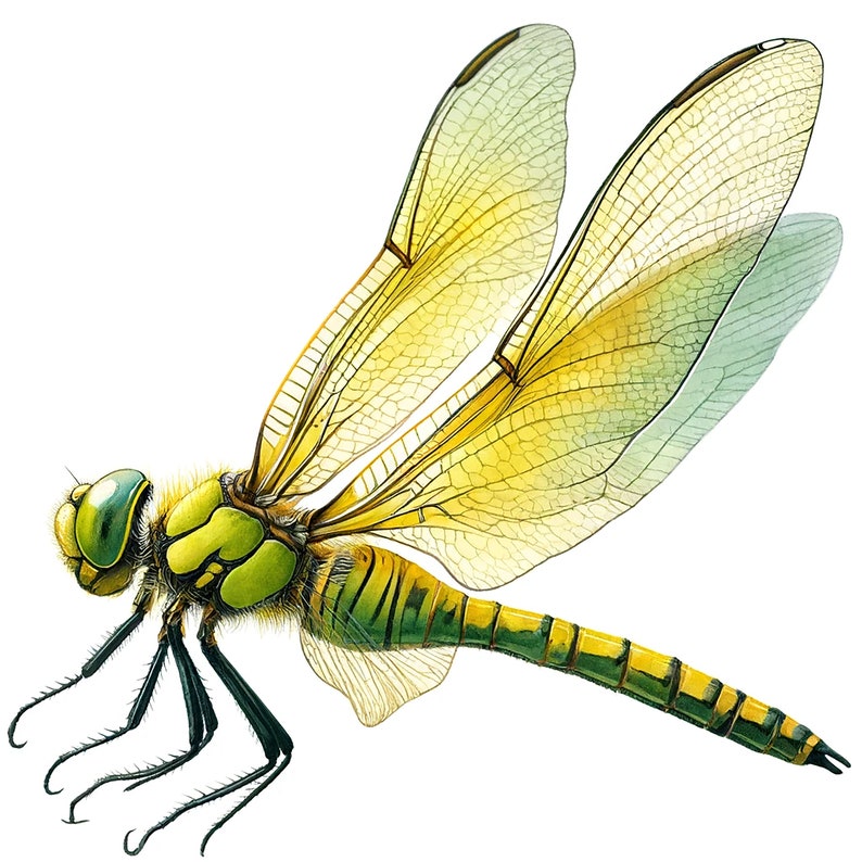 May include: A yellow and green dragonfly with translucent wings. The dragonfly is in flight with its wings spread out.