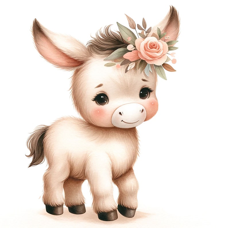K&ouml;nnte beinhalten: Ein s&uuml;&szlig;er, cartoonartiger Esel mit einem hellbraunen Fell und einer rosa Nase. Der Esel tr&auml;gt eine Blumenkrone mit rosa Rosen und gr&uuml;nen Bl&auml;ttern.