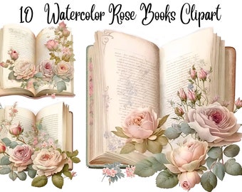 10 Watercolor Rose Books Clipart, JPGs, Commercial use,Digital Paper Crafting,Digital Planner,Watercolor, Digital Download, Books clipart