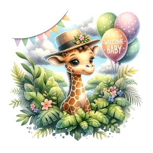 Może przedstawiać: Słodka kresk&oacute;wkowa żyrafa w brązowo-białym kapeluszu z kwiatami, trzymająca balony z napisem "Welcome Baby". Żyrafa otoczona jest zielonymi liśćmi i kwiatami.