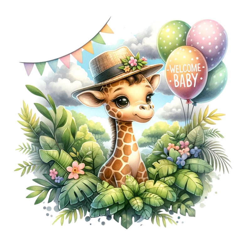 Może przedstawiać: Słodka kresk&oacute;wkowa żyrafa w brązowo-białym kapeluszu z kwiatami, trzymająca balony z napisem "Welcome Baby". Żyrafa otoczona jest zielonymi liśćmi i kwiatami.