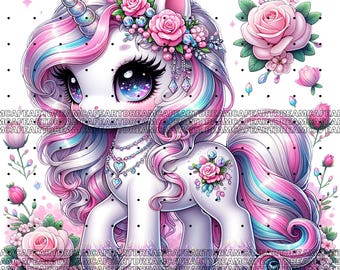 Puede incluir: Una ilustración caprichosa de un unicornio rosa y azul con un cuerno brillante, que lleva una corona de flores y un collar de joyas. El unicornio está rodeado de rosas rosas y otras flores.