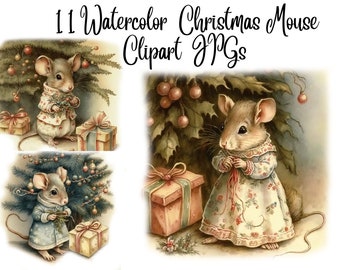 Christmas Mouse Watercolor Clipart: Festive Mice JPGs (Digital Download)