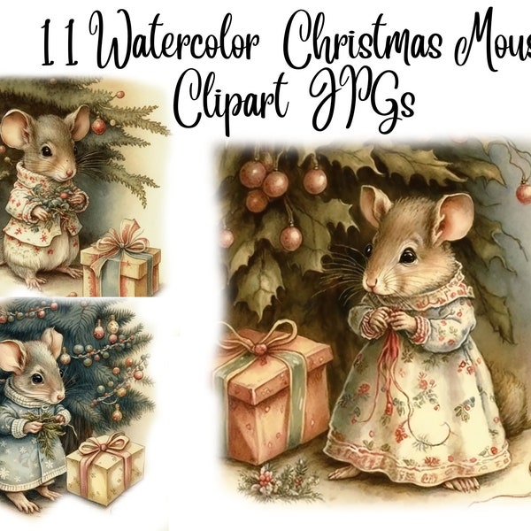 11 Christmas Mouse Clipart - High Quality JPGs -Digital Download -Card Making, Mixed Media,Digital Paper Craft,Watercolor clipart, Cute mice