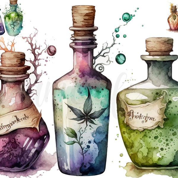 10 Potion Bottles Clipart, JPGs, Digital crafting, Paper crafts, Cute clipart,Instant download,commercial use, Watercolor clipart