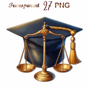 May include: A gold scale of justice with a blue graduation cap on top. The scale is on a white background.