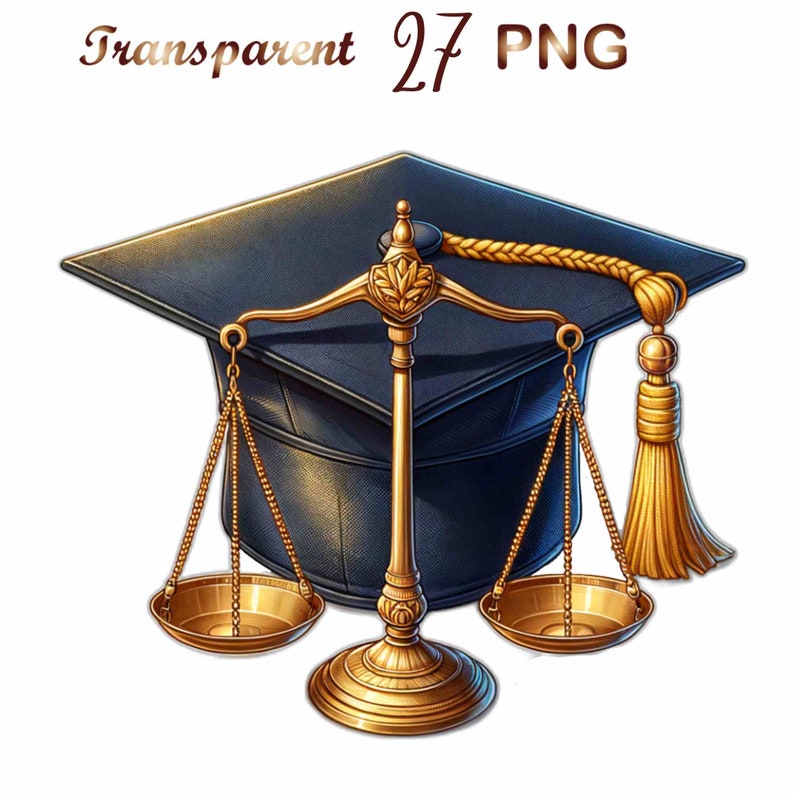May include: A gold scale of justice with a blue graduation cap on top. The scale is on a white background.