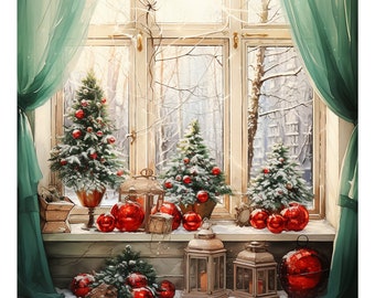 10 Watercolor Christmas Clipart png, Christmas Clipart PNG, Watercolor Christmas window clipart, Xmas decor,Digital Download, Commercial USe