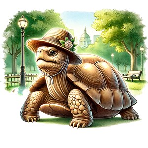 May include: A brown tortoise wearing a straw hat with a white flower on it. The tortoise is walking in a park with green trees and a lamppost in the background.