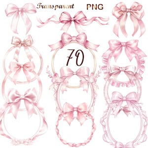 70 noeuds et cadres aquarelle rose poudré | Lot de cliparts romantiques pour faire-parts, cartes et travaux manuels – Téléchargement numérique