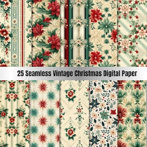 25 papier numérique vintage de Noël sans couture, coutures de fond de fleurs de Noël, toile de fond florale de Noël, téléchargement journal indésirable, scrapbooking