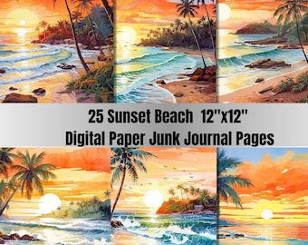 25 Printable Sunset Beach Digital Paper, Summer Beach Sunset Background, Ocean Palm Landscape Backdrop, Download Junk Journal, Scrapbooking
