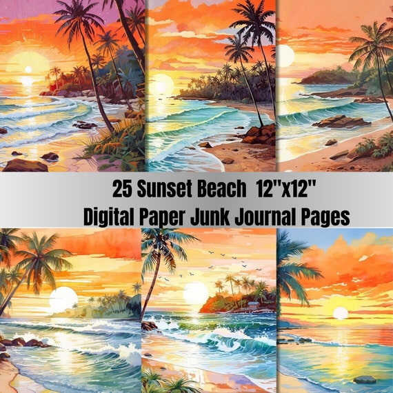 25 Printable Sunset Beach Digital Paper, Summer Beach Sunset Background, Ocean Palm Landscape Backdrop, Download Junk Journal, Scrapbooking