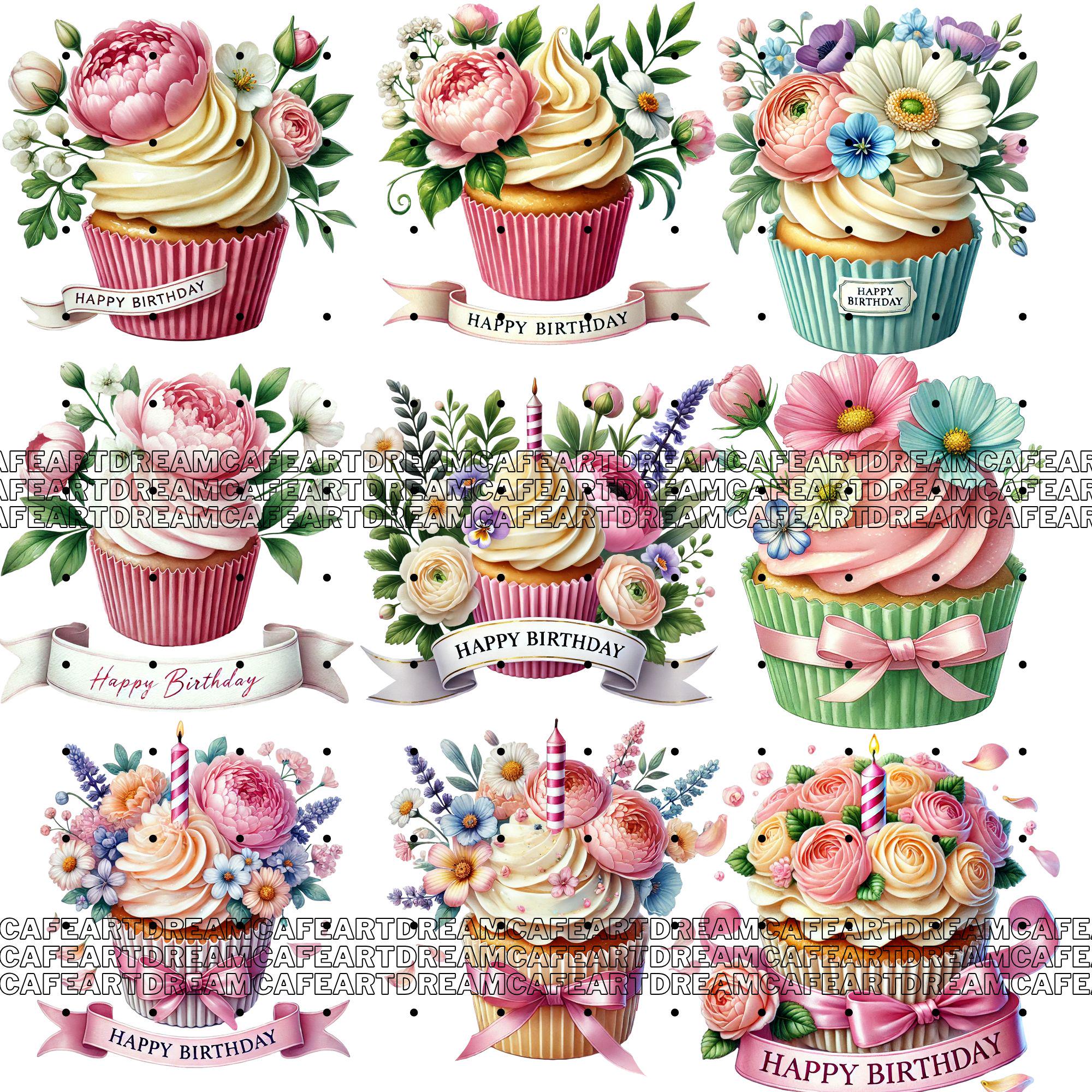 140 PNG Floral Cupcake Clipart Bundle – Watercolor Birthday Cupcakes ...