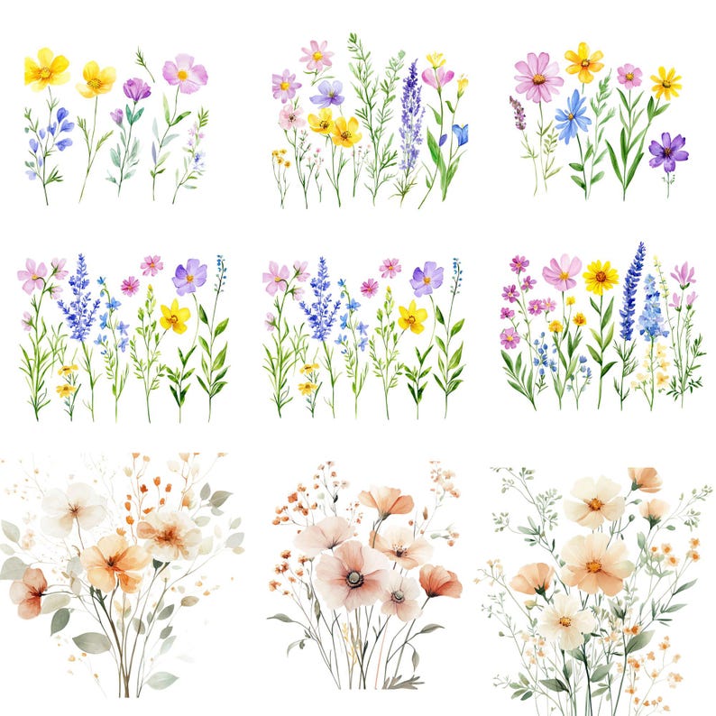 60 Watercolor Wildflower PNG Bundle, Pastel Floral Borders, Meadow Flowers Clipart, Botanical Set, Digital Download, Commercial Use image 7