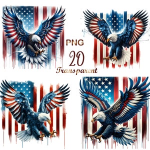 Puede incluir: Cuatro ilustraciones digitales de águilas calvas con las alas extendidas sobre un fondo de bandera estadounidense roja, blanca y azul. Las águilas están representadas en un estilo realista con plumas detalladas y garras afiladas. Las banderas están estilizadas con un efecto acuarela y tienen un aspecto desgastado.