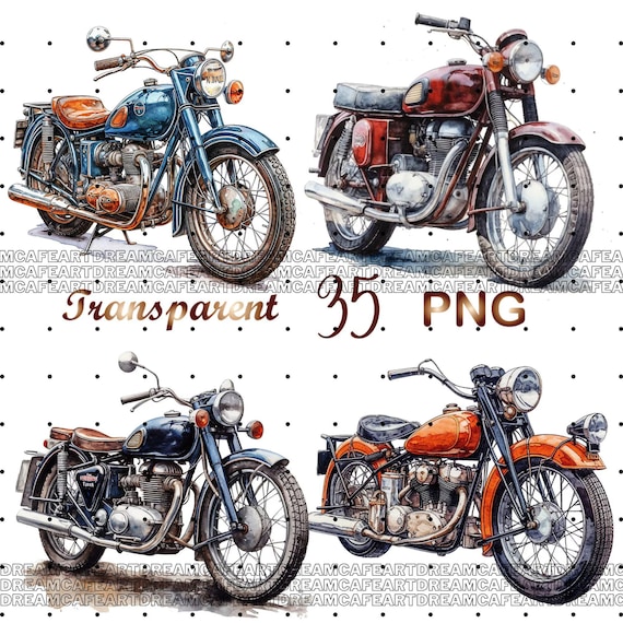 35 PNG Watercolor Motorcycles Clipart, Vintage American Motorcycles Illustrations Clip art, Designs of Classic Motorcycles Sublimation