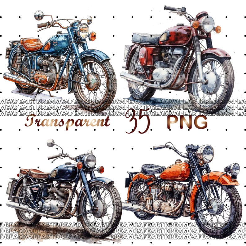 Puede incluir: Cuatro motocicletas vintage en diferentes colores, incluyendo azul, rojo, naranja y negro. Las motocicletas est&aacute;n pintadas en un estilo realista y tienen detalles como acentos cromados y asientos de cuero.