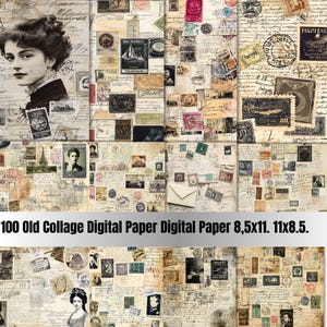 100 JPGs Vintage Collage Digital Paper | Ephemera antigo e cartas manuscritas | Junk Journal Scrapbook Background | Download digital
