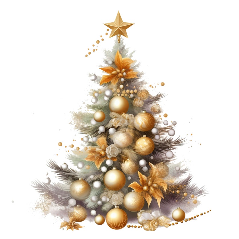Puede incluir: Un &aacute;rbol de Navidad dorado decorado con bolas blancas y doradas, una estrella dorada en la parte superior y un fondo blanco.