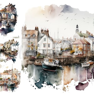 May include: Watercolor painting of a coastal town with colorful buildings, a harbor, and boats. The painting has a soft, dreamy feel with a watercolor wash background.