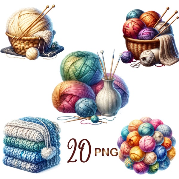 20 PNG, Watercolor yarn and wool clipart,Watercolor Knitted Goods Images,knitting clipart,hobbies clip art,needlework and sewing, printables