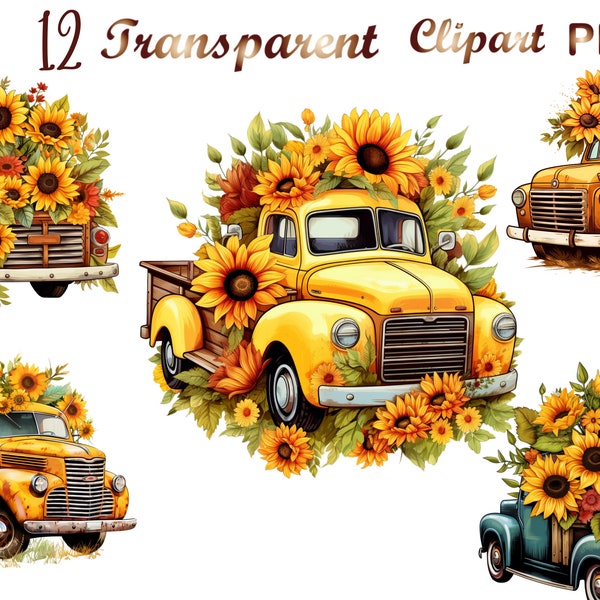 12 Rustic Farm Truck Barn Sunflowers Rustic Truck Country Sublimation Design Old Farm Truck PNG Commercial Use Clipart Farmer Autumn clipart