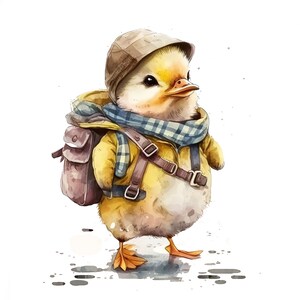 May include: A yellow chick wearing a brown hat, a yellow raincoat, and a blue and white checkered scarf. The chick is carrying a brown backpack with a strap.