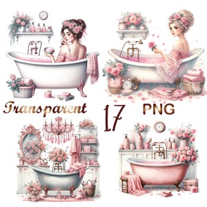 以下が含まれることがあります： ヴィンテージなバスルームをテーマにしたデジタルイラスト17点セット。イラストには、バスタブに入っている女性、ピンク色の水が入ったバスタブ、シャンデリア、鏡、洗面台、その他さまざまなバスルームアクセサリーが含まれています。イラストは水彩画風で、柔らかくロマンチックな雰囲気です。