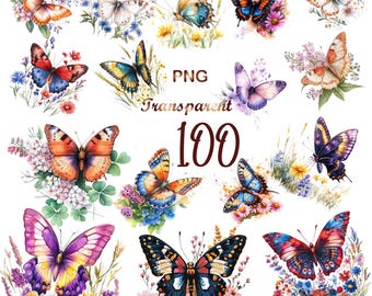 May include: A collection of watercolor illustrations of butterflies with floral accents. The butterflies are in various colors, including blue, green, purple, orange, and yellow. The flowers are in shades of pink, white, and blue.