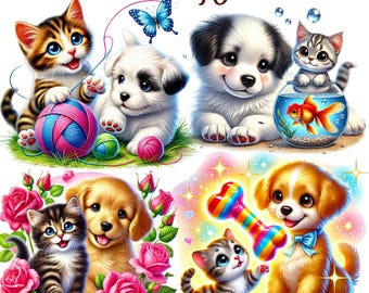 40 PNG set 1 Cats & Dogs Friends Clipart bundle, Cute Little Pet cat and dog Illustrations Designs, Instant Digital Download,Commercial Use