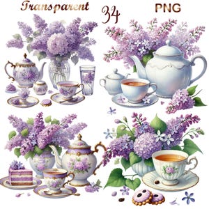 34 PNG  Pastel Vintage Floral Tea Time Clipart bundle, Spring Tea Party Designs, Sprin Decor Crafts, Comercial use, Digital Download